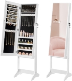 SONGMICS Mirror Jewellery Cabinet Armoire, Standing Full-Length Mirror, Lockable Jewellery Organiser, Gift Idea, White Surface and Black Lining JJC69WT