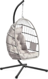 SONGMICS Outdoor Hanging Egg Chair, Foldable Removable Basket, Height-Adjustable Swing Chair, Side Pocket, Cushion, for Living Room, Garden, Balcony, White GDC050WZ02