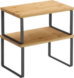 SONGMICS Spice Rack, Set of 2 Cupboard Shelf Organiser, Expandable Kitchen Shelf Organiser, Stackable Spice Holder, Metal and Engineered Wood, Black and Natural KCS02NB