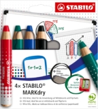 STABILO MARKdry – Whiteboard and Flipchart Marker Pencil – Pack of 4 – Assorted Colours with Sharpener and Wiping Cloth