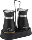 Salt and Pepper Sets,Salt and Pepper Shakers Sets with Holder,Set of 2 Stainless Steel and Glass Bottle Stainless Steel,Salt Shaker Dispenser for Cooking, BBQ (Black)