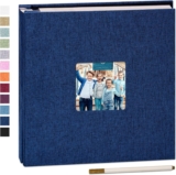 Self Adhesive Photo Album 28x27cm Fits 10×15 8×13 13×18 15×20 20×25 cm Photo Scrapbook with Window 60 Pages Linen Cover with A Metallic Pen DIY Memory Book for Baby Wedding Family Blue