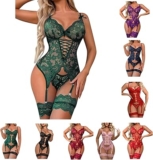 Sexy Lingerie for Women Sets Lace Bodysuit with Thigh Cuffs Underwear Teddy Lingerie Stockings Sheer Mesh Nightwear for Valentines Backless Date Night Matching Bra and Knickers Halter Leotard