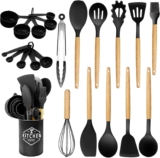 Silicone Kitchen Utensils 22 Pieces, Set of Utensils da Cucina per Pentole Antiaderenti, Heat and Non-Stick with Wooden Handle for Utensils BPA Free (Black)