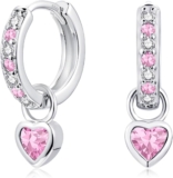 Silver Hoop Earrings for Women, 925 Sterling Silver Heart Drop Earrings for Girls with Green Fuchsia Pink Purple Sapphire Zirconia, 12mm Small Hypoallergenic Sleeper Earrings, Jewelry for Kids