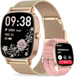 Smart Watches for Women, Answer/Make Call, 1.85 HD Screen Fitness watch with Heart Rate/Sleep/SpO2 Monitor, Smart watch for iPhone/Samsung/Android, 120Sport Mode, IP68 waterproof – Two Straps, Gold