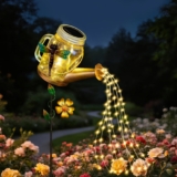 Solar Watering Can Lights Outdoor, Premium Glass & Metal Solar Garden Lights Waterproof, LED Waterfall String Lights for Garden Yard Patio Lawn Decor, Unique Gardening Gifts for Women Mum
