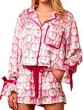 Springcmy Women 2Pcs Silk Christmas Pajamas Set Floral Long Sleeve Button Up Shirt Ruffle Shorts Pjs Sets Loungewear Sleepwear