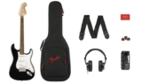 Squier by Fender Affinity Series Stratocaster Electric Guitar & Mustang Micro Pack in Black. Includes Gig Bag, Strap, Headphones, Picks