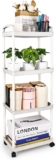 Storage Trolley Cart 4 Tier Plastic Rolling Storage Rack, Mobile Storage Shelving Organizer Utility Cart Snack Cart Trolley for Kitchen, Bathroom, Laundry Room, Bedroom,White with Hooks