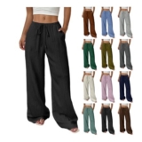 Striped Linen Wide-Leg Palazzo Trousers with Pockets, Elasticated Waist