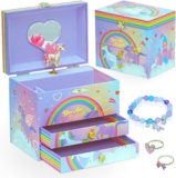 Style Girlz Musical Jewellery Box – Unicorn Jewellery Box For Girls – Large Kids Jewellery Music Box With 2 Pullout Drawers – Includes Unicorn Jewellery Bracelet & Rings – Birthday Gifts For Girls