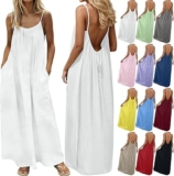 Summer Dresses for Women UK Backless Cami Boho Sundresses Sleeveless Solid Long Beach Dress Loose Back Tie Sundress with Pockets for Vacation Casual Holiday