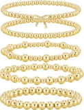 TINGN 5Pcs 14K Gold Plated Bracelet for Women Stretch Beaded Bracelets Layered Cross/Double Circle/Bow/Heart/Wave-Shaped Gold Tone Bracelets Adjustable Bracelet Jewellery Gifts for Women Girls