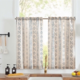 TOPICK Boho Linen Blend Kitchen Curtains 36 Inch Drop Small Cafe Curtains Light Filtering Tier Curtain for Bathroom RV Baset Sink Cupboard Rod Pocket Blue on Beige 2 Panels