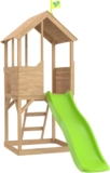 TP Toys Treehouse Wooden Play Tower With Wavy Slide & Slide Lock With Ladder, Shaded Sand Or Ball Pit And Slide. Made From FSC Certified European Wood. Garden Playhouse For Kids – 3 Years, Brown