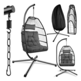 Tectake Egg Chair with Stand, Cushions, Polyrattan, Grey