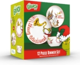 The Grinch Merry Grinchmas 12-Piece Porcelain Dinner Set, 27cm Dinner Plates, 20cm Side Plates, 14cm Bowls, Christmas Collection, Microwave and Dishwasher Safe, Green