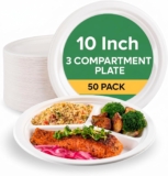 The Happy Garden Bagasse Plates 3 Compartment (10 Inch, Pack of 50) – Compostable Sugarcane Disposable Plate, Heavy Duty, Microwave & Freezer Safe, Ideal for Parties