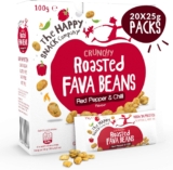 The Happy Snack Company Roasted Fava Beans, Red Pepper and Chilli Flavour Healthy Snacks, High Protein, Gluten Free Tasty Snacks, Vegan, 105 Calories, 25g Portion, Pack of 20.