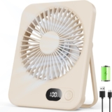 USB Desk Fan – Mini Portable Fan with 5 Speeds, 180 Rotation, 2.75-8H Use, LED Display, Ultra-Slim 3.8cm Small Table Fan Rechargeable, Low Noise, for Travel, Home, Office, Makeup, Beige