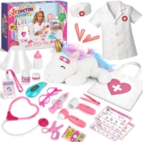 Unicorn Doctors Set for Kids, Children Pet Vet Set with Stethoscope, Doctor Costume, Kids Role Play Toys Ages 3 4 5 6, Educational Gift for Christmas & Birthday