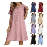V-Neck Button-down A-Line Sundress, Short Sleeve, Cotton Linen