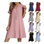 V-Neck Button-down A-Line Sundress, Short Sleeve, Cotton Linen