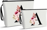Vavabox 2 Pcs Initial Toiletry Bags Set,Birthday Gifts for Women,Travel Portable Makeup Bag with Handle (A, White)