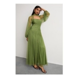 Warehouse Bow Detail Gathered Tulle Maxi Dress with Open Neck