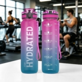Water Bottle, 32oz Motivational Water Bottles with Time Marker to Drink, Wide Mouth with Carry Strap, BPA Free & Leak Proof, for Gym Fitness OutdoorPink&Blue