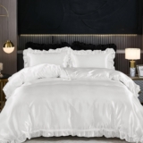 White Silk Bedding Set Ruffle Duvet Cover King Size 3 Pieces Luxury Smooth Microfiber Quilt Cover with 2 Pillowcases 220x230cm