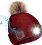 Wireless Bluetooth Beanie Hat with 4 LED Headlamp USB Rechargeable V5.0 Beanie Hat Warmer Fleece Lined Built-in Stereo Speakers and Mic for Women Running Skiing Hiking Camping Cycling Red
