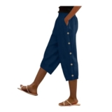 Women 3/4 Capri Pants Cotton Linen Elastic Waist Pockets Blue