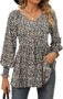 Womens Blouses Cotton Tops V Neck T-Shirt Pleated Floral Printed Tunic Long Sleeve Shirts Casual Blouse with Smocked Cuff