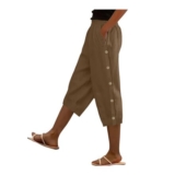 Womens Cotton-Linen Capri Trousers, Elastic Waist, Pockets, Button Details, Brown