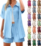 Womens Cotton Linen Shorts Set 2 Piece Co Ord Sets Short Sleeve Button Down Tops And Elastic Waist Pants Casual Solid Tracksuit With Pockets Airport Outfits 2026 Fashion For Holiday Beach Work