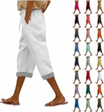 Womens Cropped Trousers Drawstring Elastic Waist Cotton Linen 3/4 Trousers for Women UK Solid Color Casual Holiday Beach Pants with Pockets Lightweight Loose Fit Wide Leg Pants Baggy Joggers