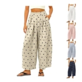 Womens Elastic High-Waist Palazzo Pants, Bohemian Cotton-Linen, Polka Dot, Pockets