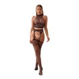 Womens Lace Garter Lingerie Set with Top, Hollow-out Fishnet, Black