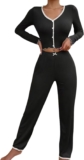 Womens Long Sleeves Pajama Set Solid Color Pjs Set Ladies Soft V Neck 2 Piece Sleepwear Homewear Top and Long Trousers Comfy Loungewear Daily Pajama Party Bedroom