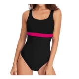 Womens One-Piece Striped Swimsuit, Padded, Push-Up, Tummy-Control, Pink, L