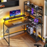 YITAHOME L Shaped Gaming Desk with Power Outlets & LED Lights Corner Desk with Shelves 120CM Reversible Computer Desk with Storage Shelves Gaming Desk with Hooks for Home Office(Carbon Fibre Black)