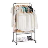 YOUDENOVA Double Hanging Clothes Rail on Wheels, Black