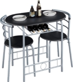 Yaheetech 3 Piece Dining Room Set, Modern Round Dining Table & Chairs Set for 2, Compact Breakfast Bar Table Set with Metal Legs and Shelf, Built-in Wine Rack for Dining Room, Living Room, Black