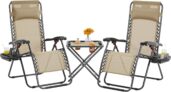 Yaheetech 3PCS Zero Gravity Recliner Portable Foldable Outdoor Sunlounger Table Set w/Pillow & Carry Strap for Patio Deck Garden Pool Beige