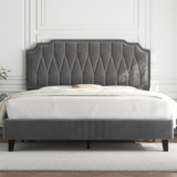 Yaheetech 5ft King Bed Frame Upholstered Platform Bed with Adjustable Button Tufted Headboard/Velvet Fabric/Sturdy Wooden Slat Support/No Box Spring Needed, Dark Grey King Bed