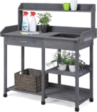 Yaheetech Garden Potting Table Wood Potting Bench Removable Sink Drawer Planting Germination Workstation w/Open Shelves & Side Hooks for Patio Balcony Yard Lawn-Grey