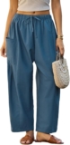 ZANZEA Womens Linen Wide Leg Trousers Casual Loose Drawstring Summer Beach Travel Vacation Palazzo Harem Pants with Pockets