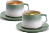 ZENS Cappuccino Cups and Saucers Set of 2, 240 ml Gradient Ceramic Cappuccino Mug for Au Lait, Moss Green Artistic Embossed Cappuccino Coffee Cups for Latte Art, Cafe Mocha or Tea, Baristas Gifts